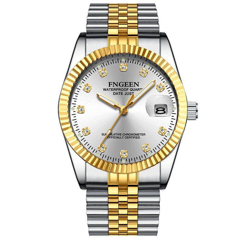 Men's Stainless Steel Watch with Gold Fluted Bezel, Date Window and Classic Crystal-Marker Dial