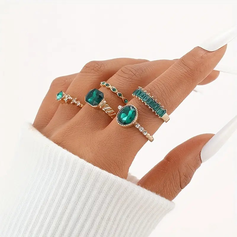 Gold Ring Set with Emerald-Cut Stones - Jade