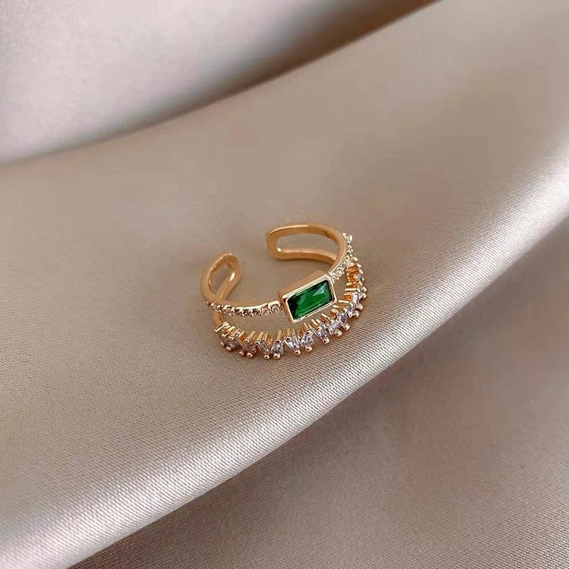 Adjustable Gold Emerald and Zirconia Ring