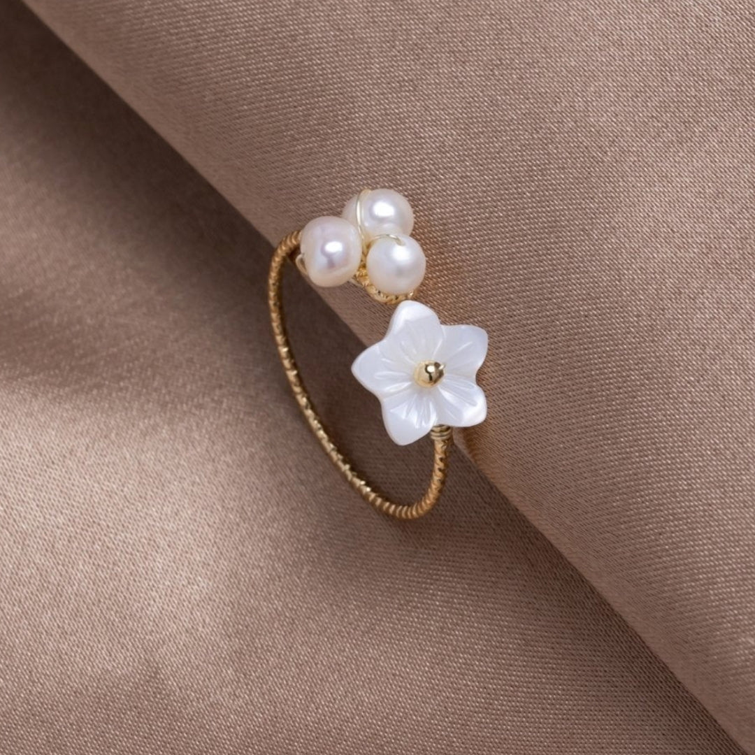 White Flower Ring with Gold Pearls