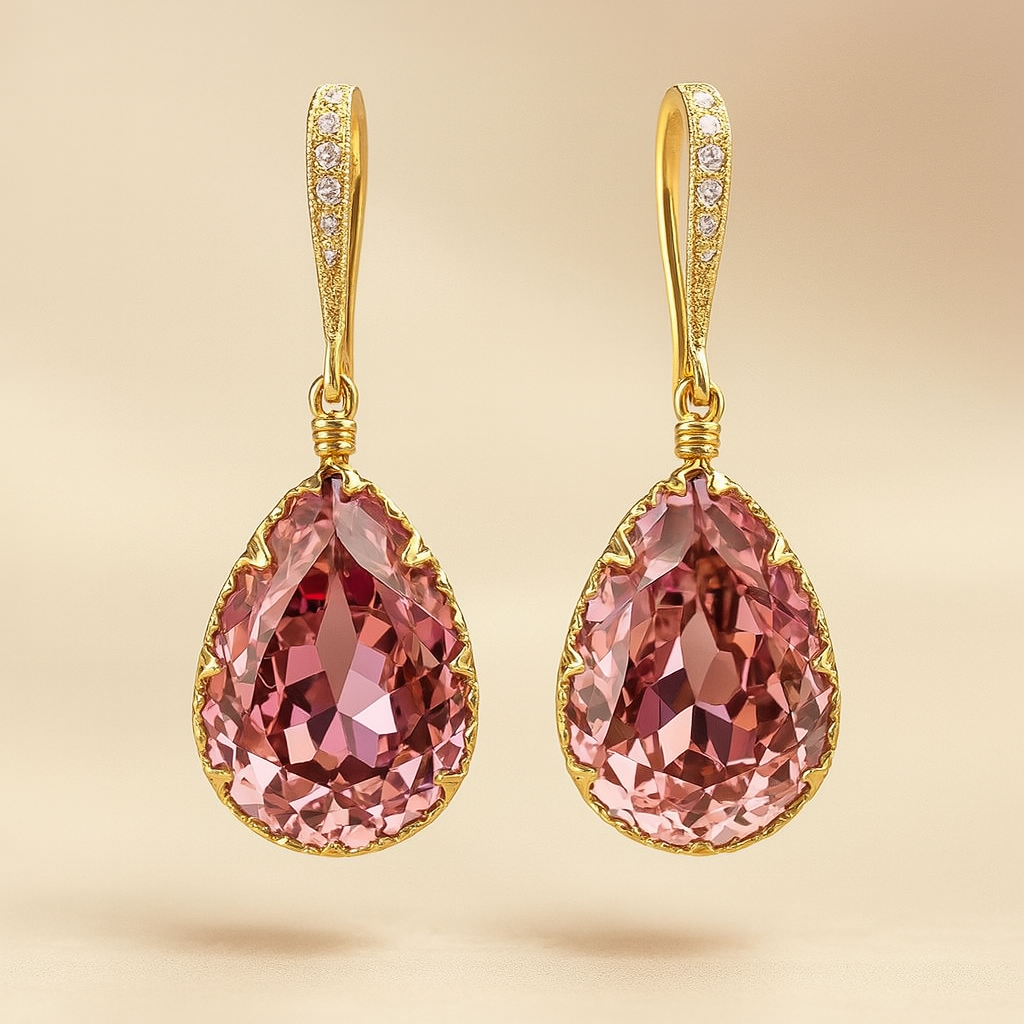 Gold-Plated Pink Crystal Drop Earrings - Lina