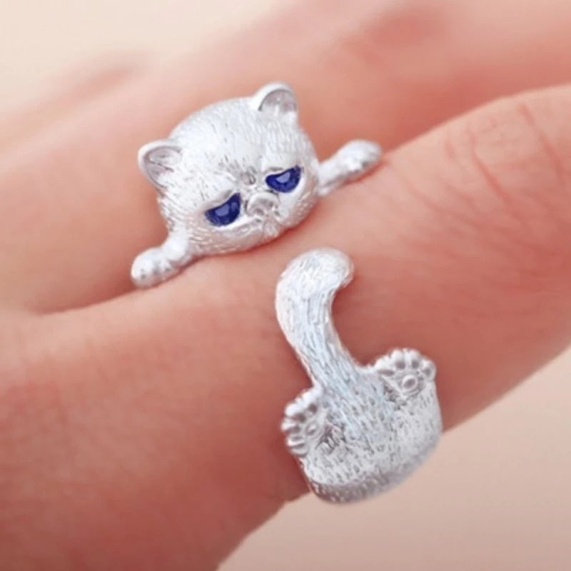 Women's Adjustable Silver Cat Ring Playful Style - Minou