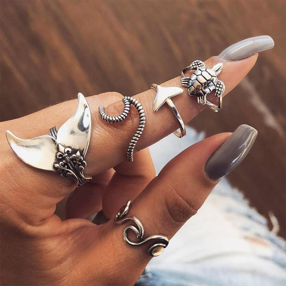Set of 5 Antique Silver Ocean Rings