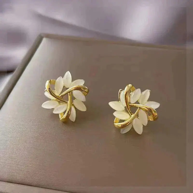 White Opal Gold Leaf Stud Earrings – Limited Edition Enamel Collection