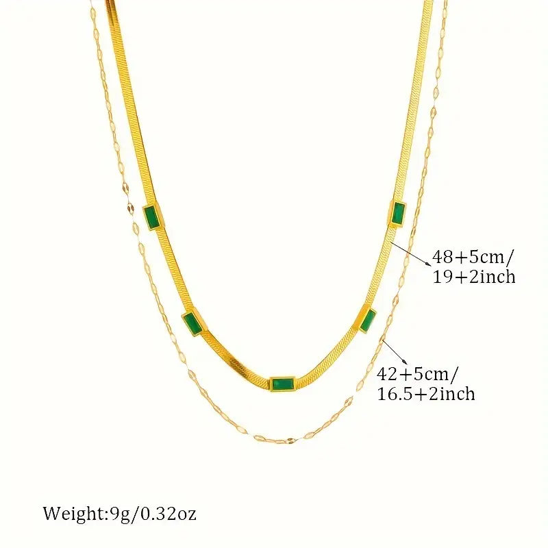 Gold-Plated Double Necklace with Green Rectangles - Narelle