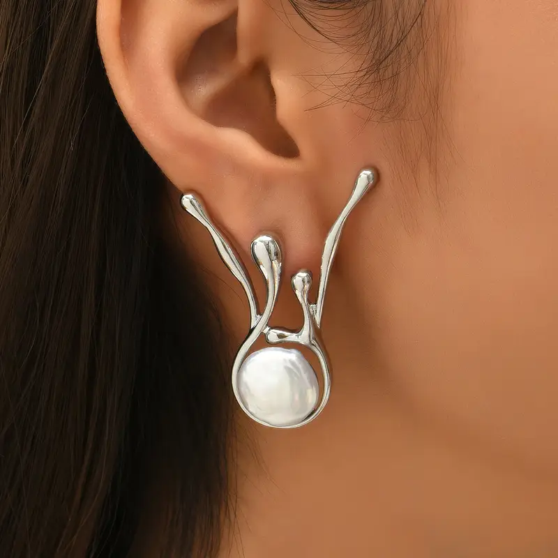 Freya Irregular Silver Earrings with Large Pearl