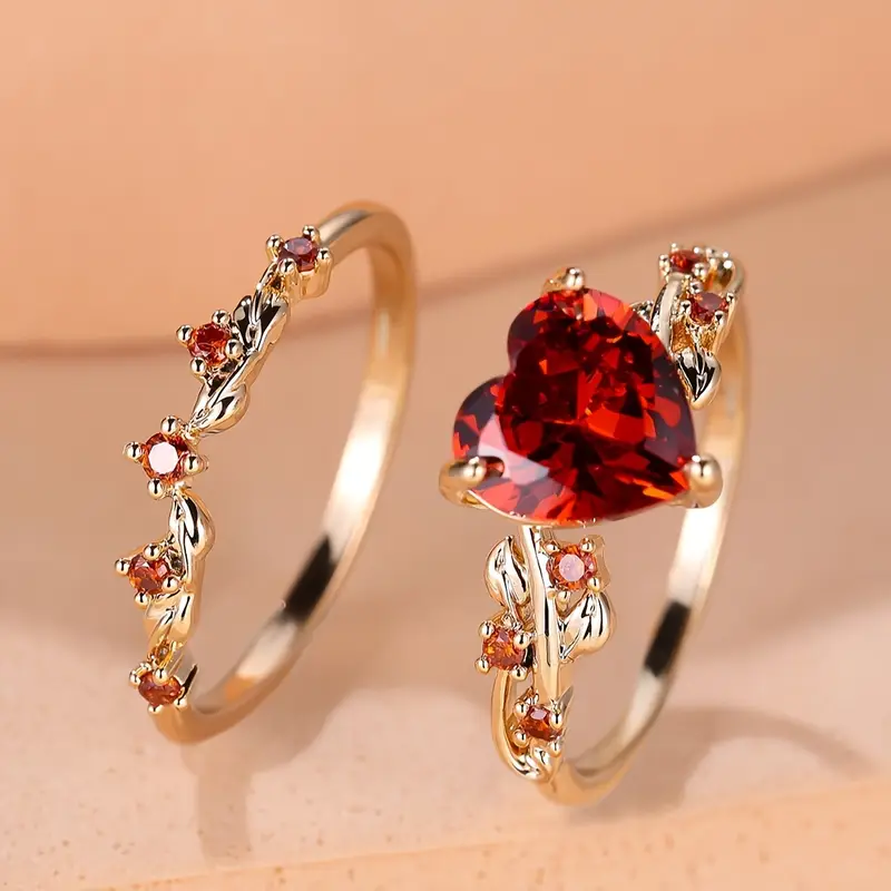 Gold Red Heart Ring Set