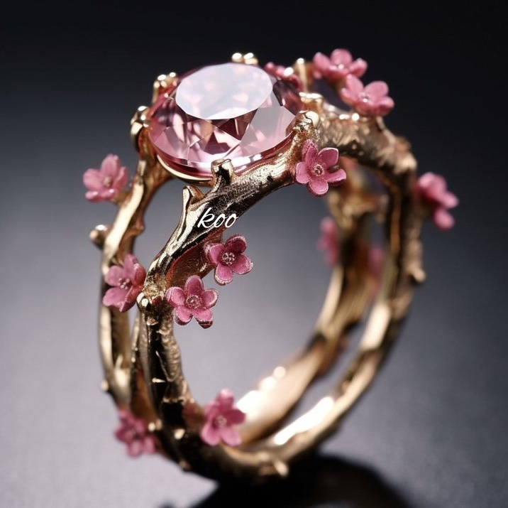 Exotic Gold Crystal Pink Flower Ring