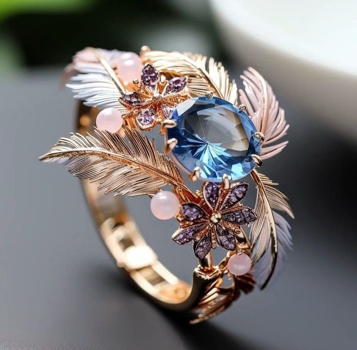Exotic Rose Feather Blue Crystal Ring