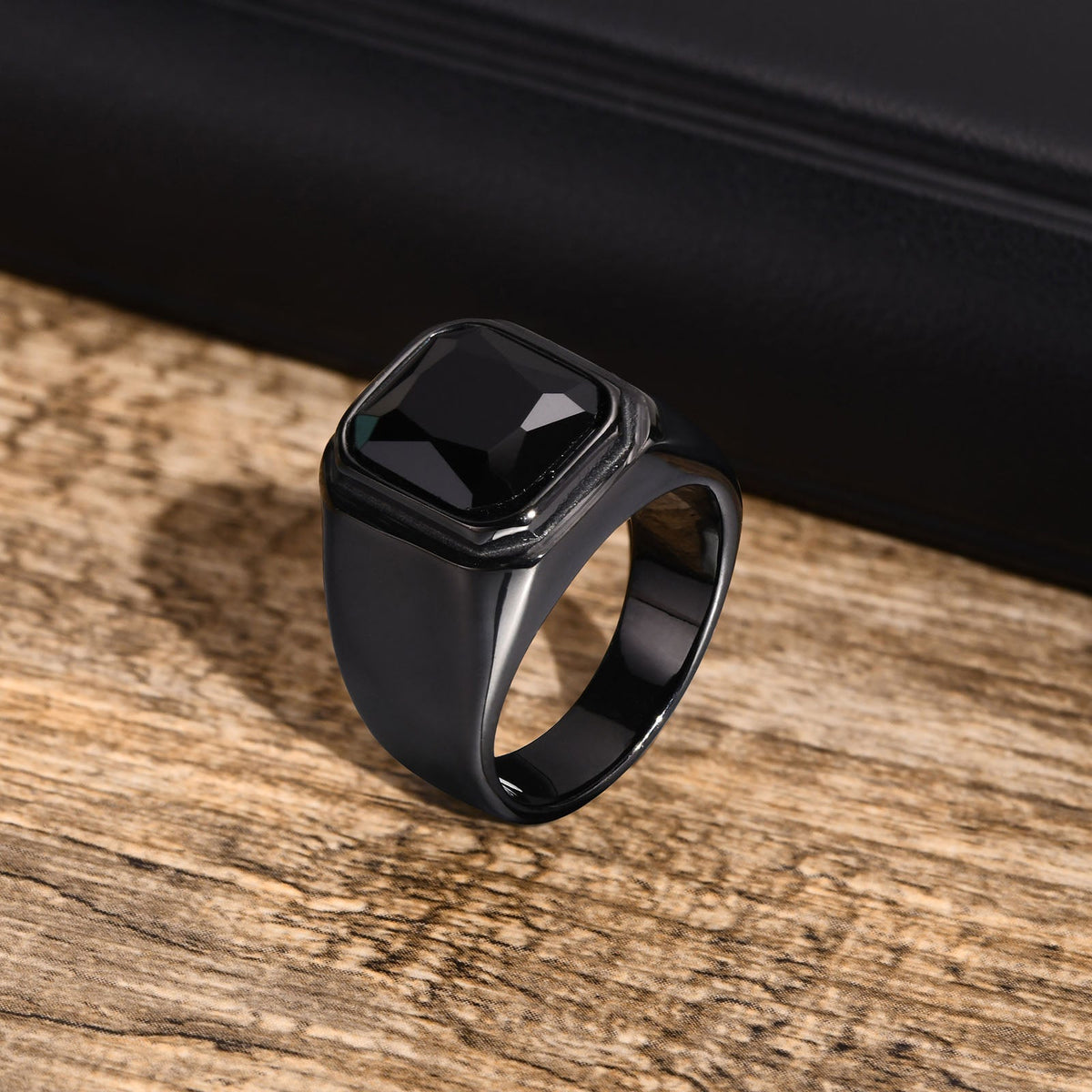 Aureus Square Ring with Black Stones