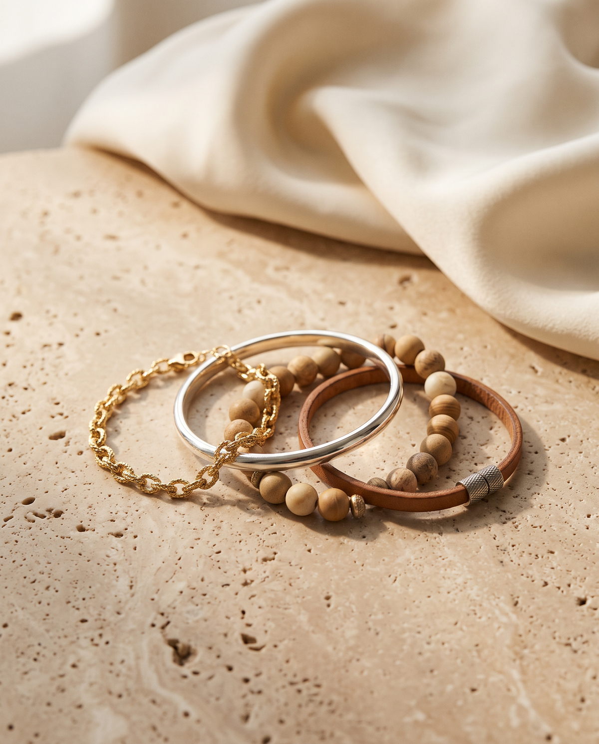 Tess & Mae Bracelets on warm beige travertine