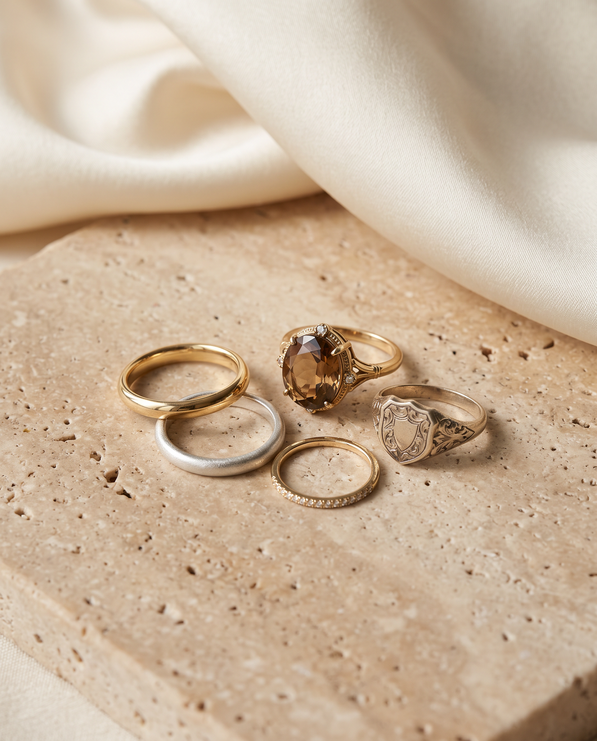 Tess & Mae Rings on warm beige travertine