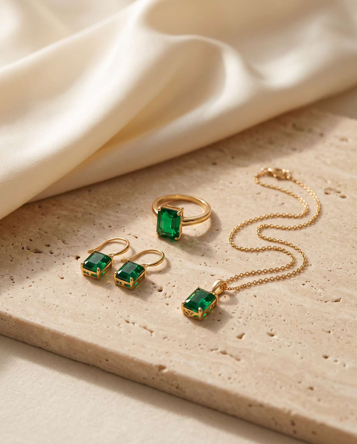 Tess & Mae Green Gemstone Jewelry on warm beige travertine