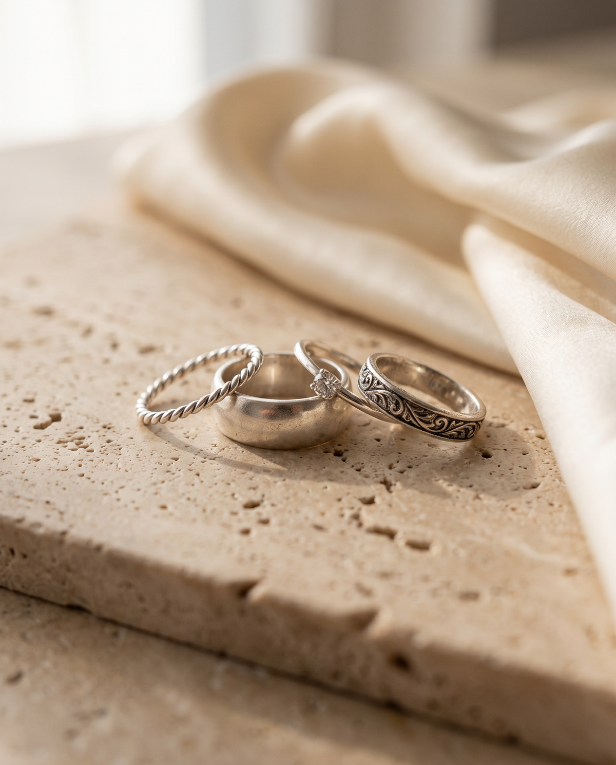 Tess & Mae Silver Rings on warm beige travertine