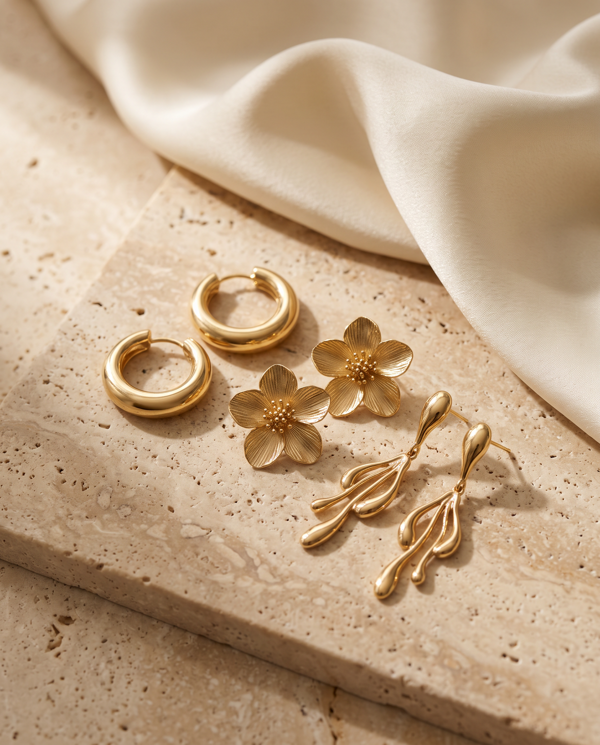 Tess & Mae Gold Earrings on warm beige travertine