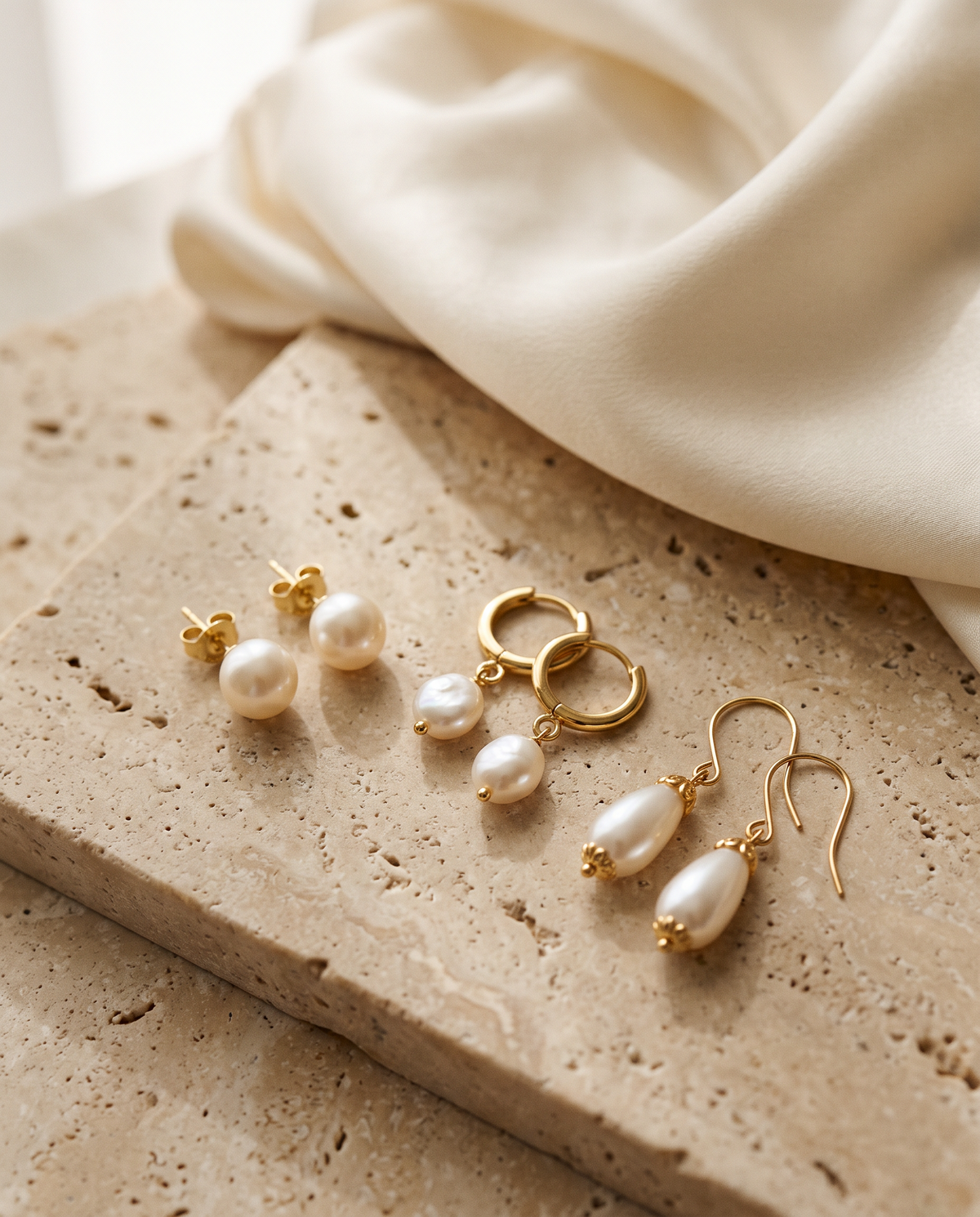 Tess & Mae Pearl Earrings on warm beige travertine