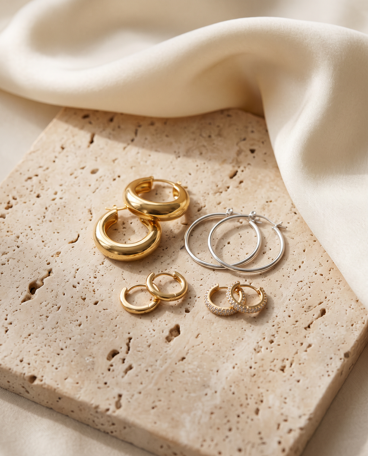 Tess & Mae Hoop Earrings on warm beige travertine