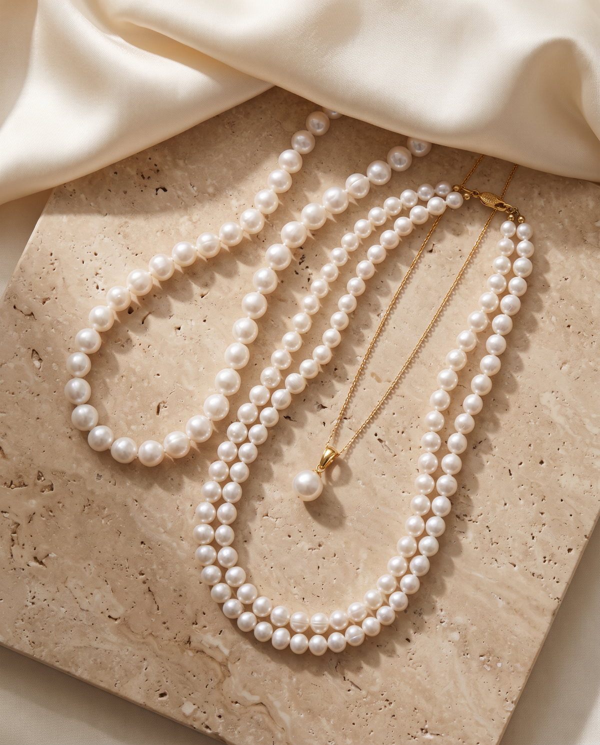 Tess & Mae Pearl Necklaces on warm beige travertine