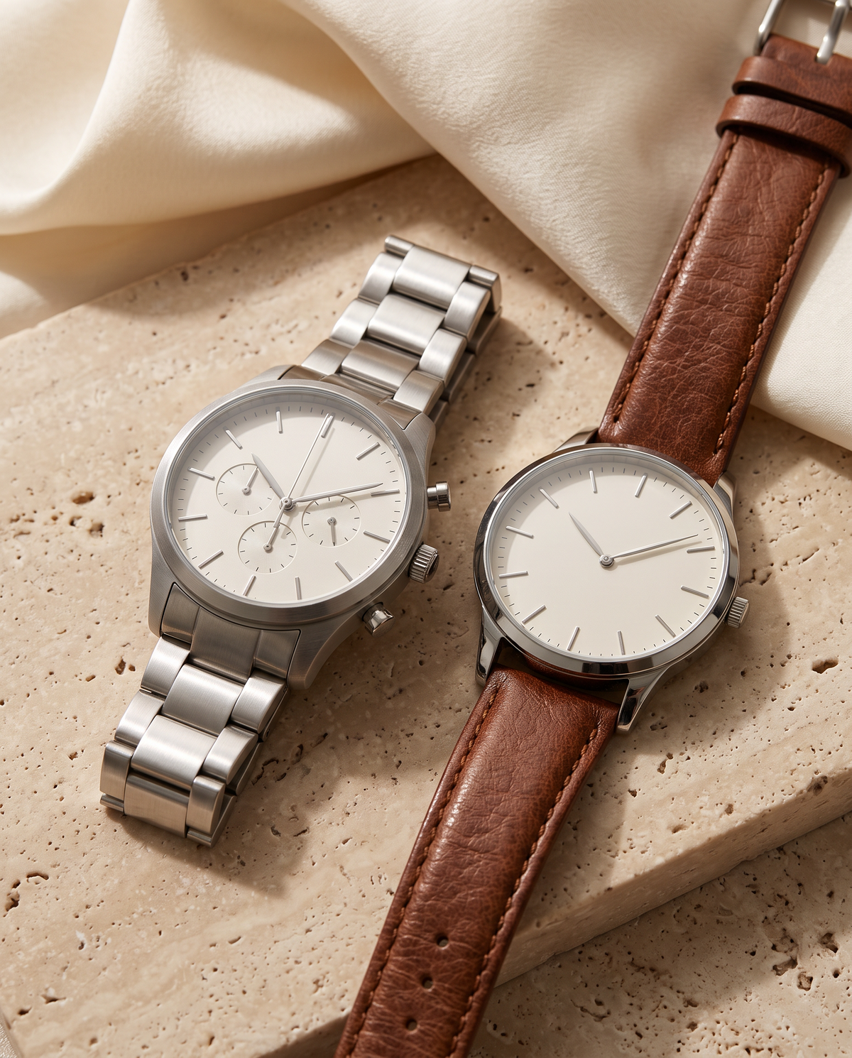 Tess & Mae Men's Watches on warm beige travertine