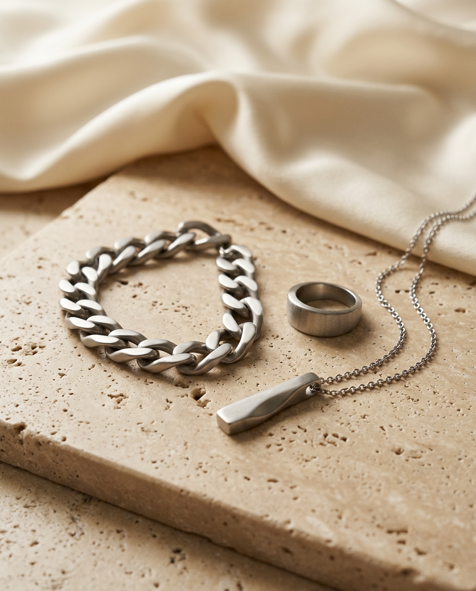 Tess & Mae Stainless Steel Jewelry on warm beige travertine