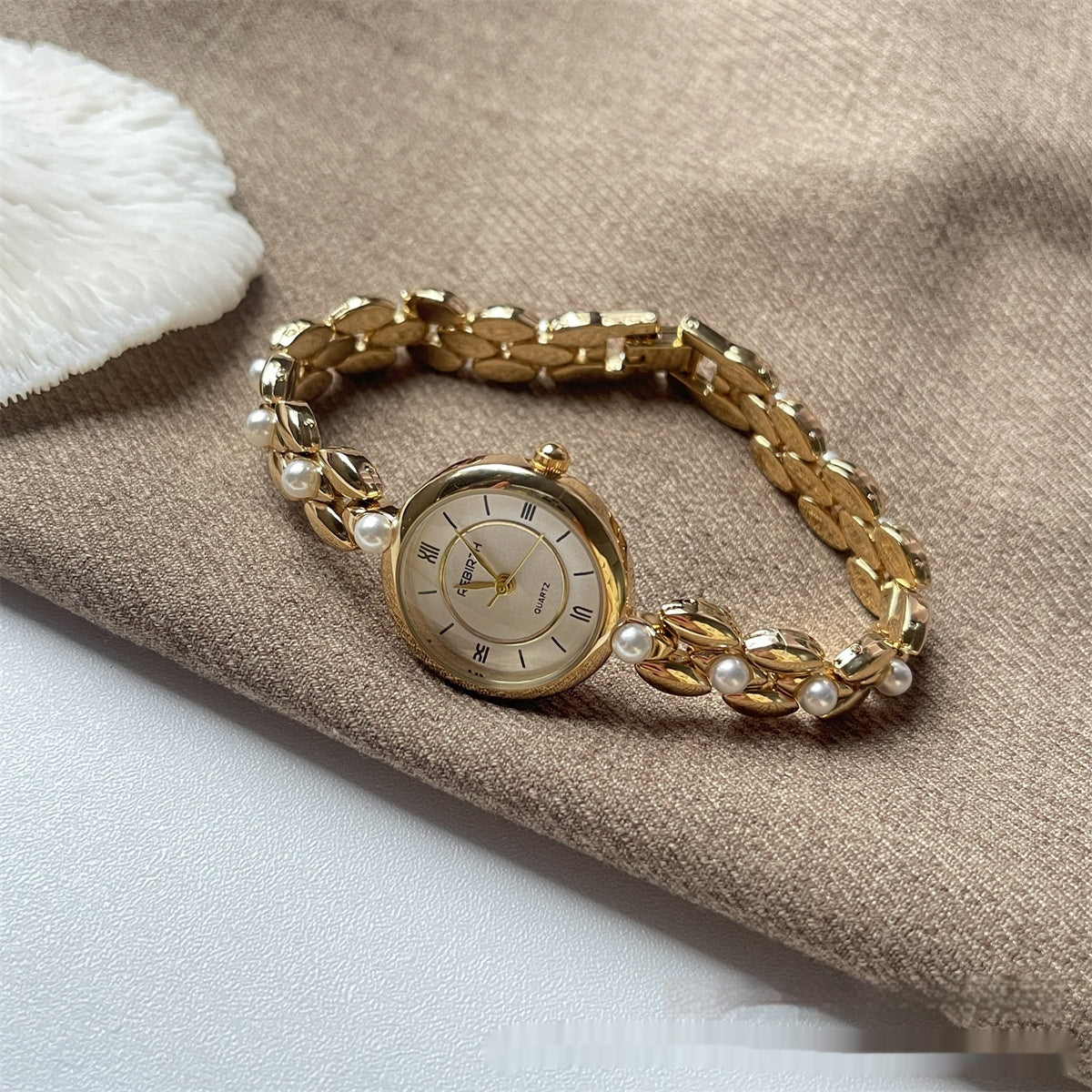 Women's Beaded Metal Bracelet Watch with Small Round Roman Numeral Dial