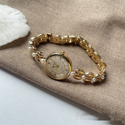 Women's Beaded Metal Bracelet Watch with Small Round Roman Numeral Dial