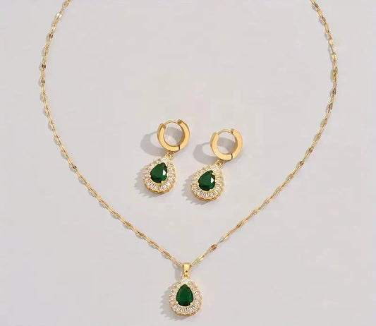 Green Cubic Zirconia Necklace and Drop Earrings Set - Valenne