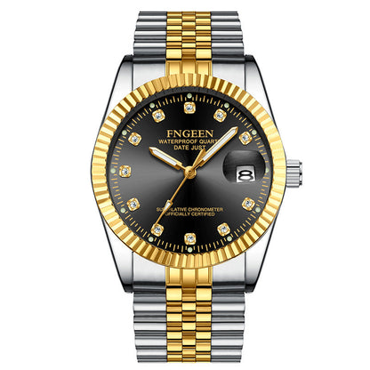 Men's Stainless Steel Watch with Gold Fluted Bezel, Date Window and Classic Crystal-Marker Dial