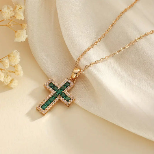 Gold Cross Necklace with Green Zirconia - Maelis