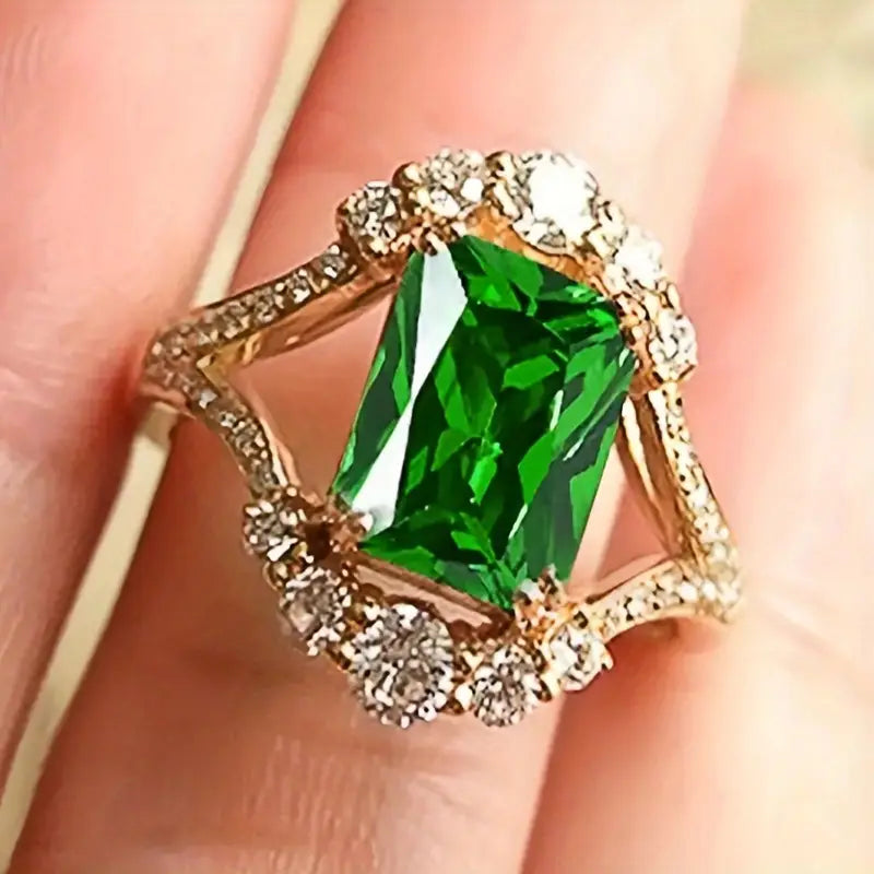 Gold Ring with Rectangular Green Crystal - Lorien