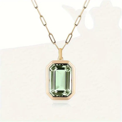Gold Necklace with Rectangular Light Green Crystal Pendant - Dorelia