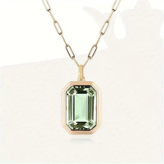 Gold Necklace with Rectangular Light Green Crystal Pendant - Dorelia