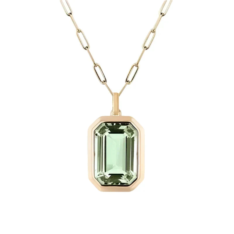 Gold Necklace with Rectangular Light Green Crystal Pendant - Dorelia