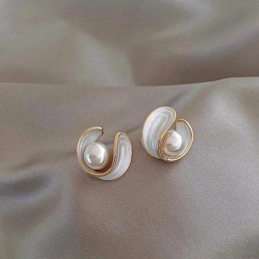Enamel Collection Gold Pearl and White Enamel Earrings Limited Edition