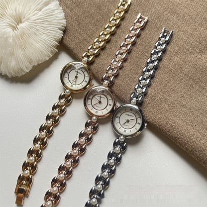 Women's Beaded Metal Bracelet Watch with Small Round Roman Numeral Dial