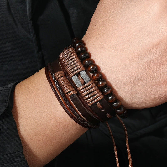 Men's 3-Piece Tribal Waxed Cord and Leather Bracelet Set - Terrakai
