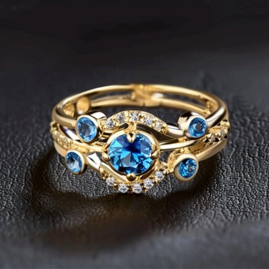 Layered Gold Ring with Blue Zirconia