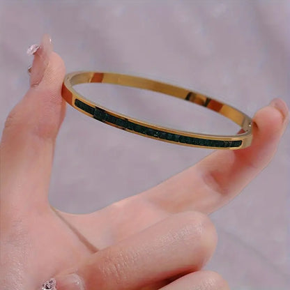 Gold Bangle Bracelet with Green Crystals - Mirella