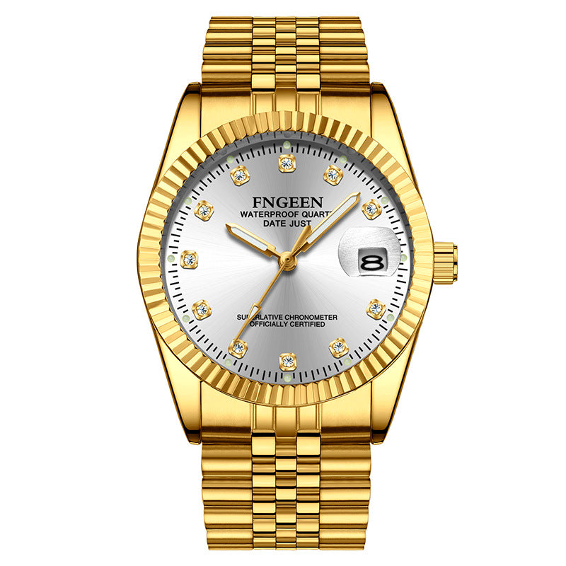 Men's Stainless Steel Watch with Gold Fluted Bezel, Date Window and Classic Crystal-Marker Dial