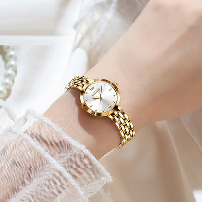 Women's Elegant White Dial Watch with Matte Metal Case, Bracelet and Roman Numerals