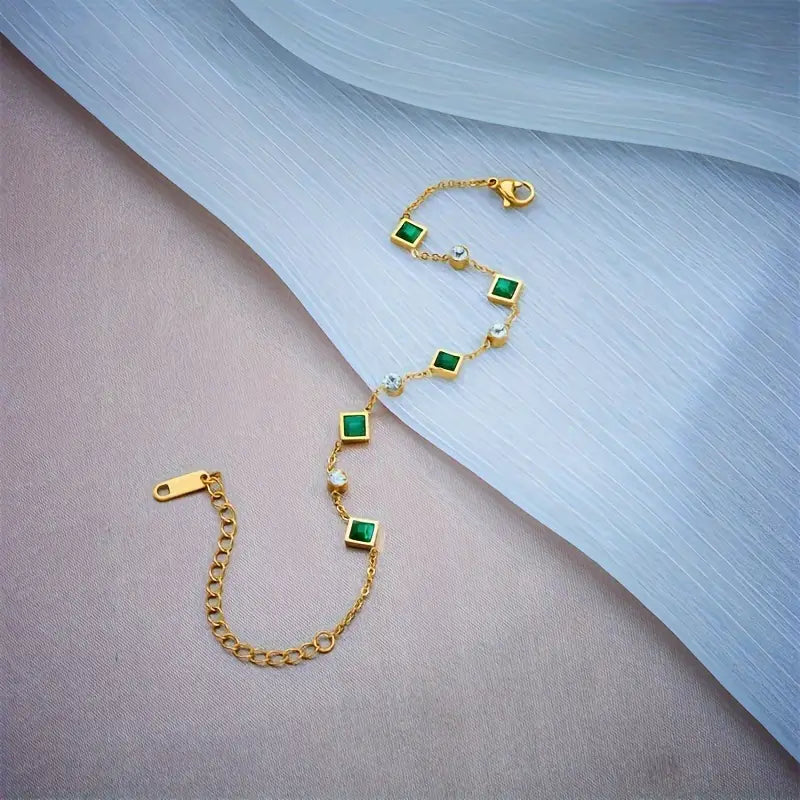 Gold Bracelet with Green and White Crystals - Ravenne