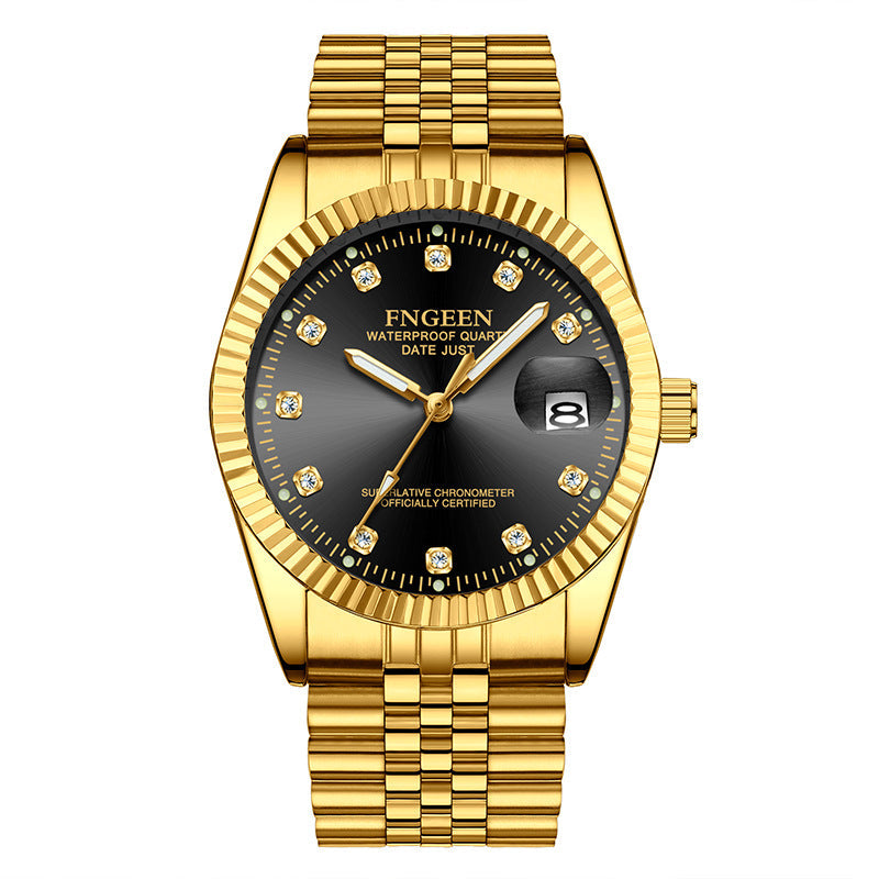 Men's Stainless Steel Watch with Gold Fluted Bezel, Date Window and Classic Crystal-Marker Dial