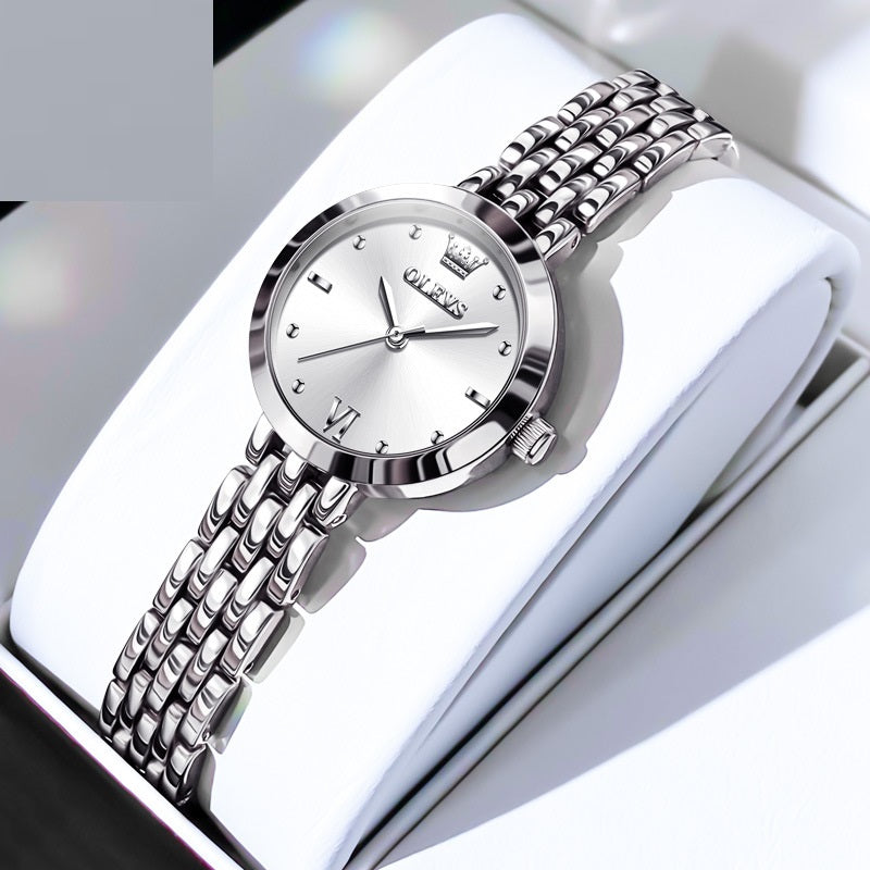 Women's Elegant White Dial Watch with Matte Metal Case, Bracelet and Roman Numerals