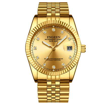 Men's Stainless Steel Watch with Gold Fluted Bezel, Date Window and Classic Crystal-Marker Dial