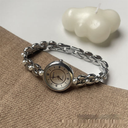 Women's Beaded Metal Bracelet Watch with Small Round Roman Numeral Dial