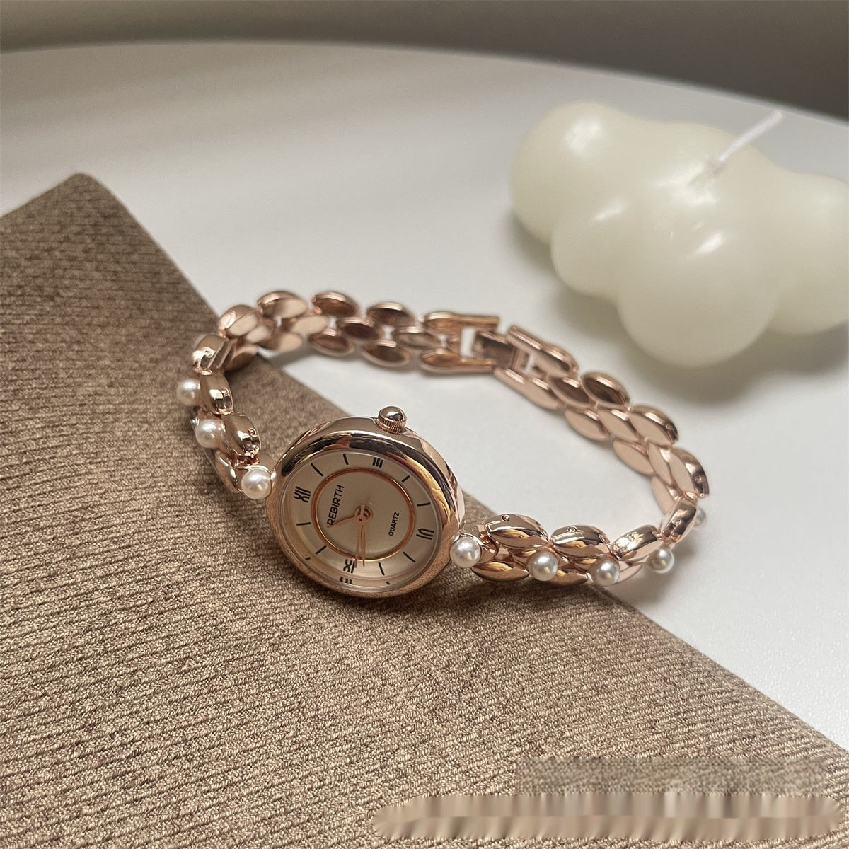 Women's Beaded Metal Bracelet Watch with Small Round Roman Numeral Dial