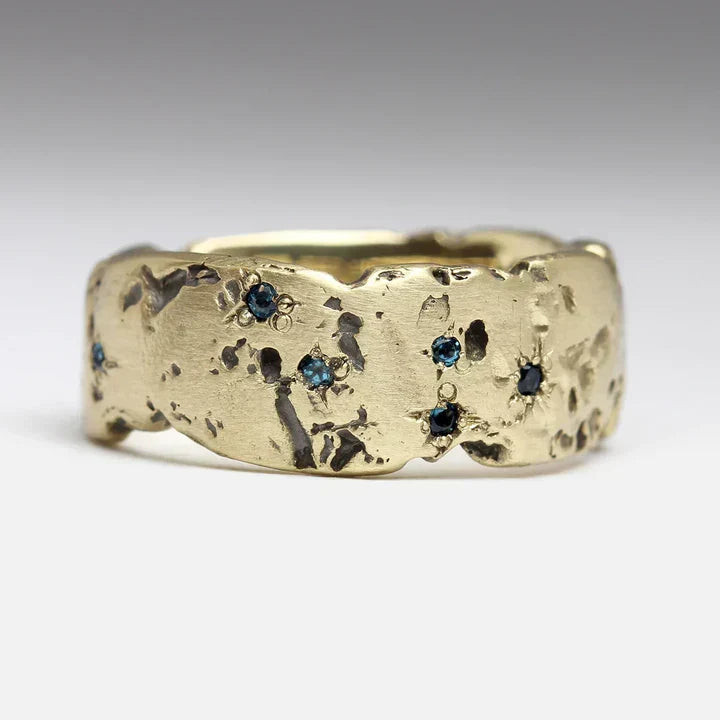 Vintage Forged Gold Ring with Inlaid Blue Crystal
