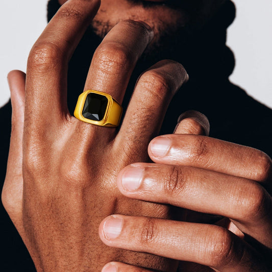 Aureus Square Ring with Black Stones