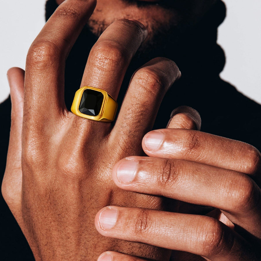 Aureus Square Ring with Black Stones