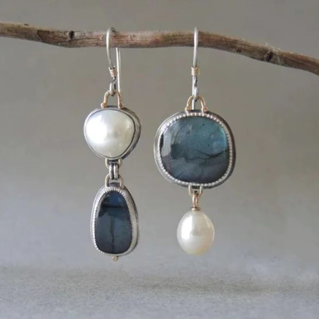 Vintage Natural Blue Stone Earrings with Pearls